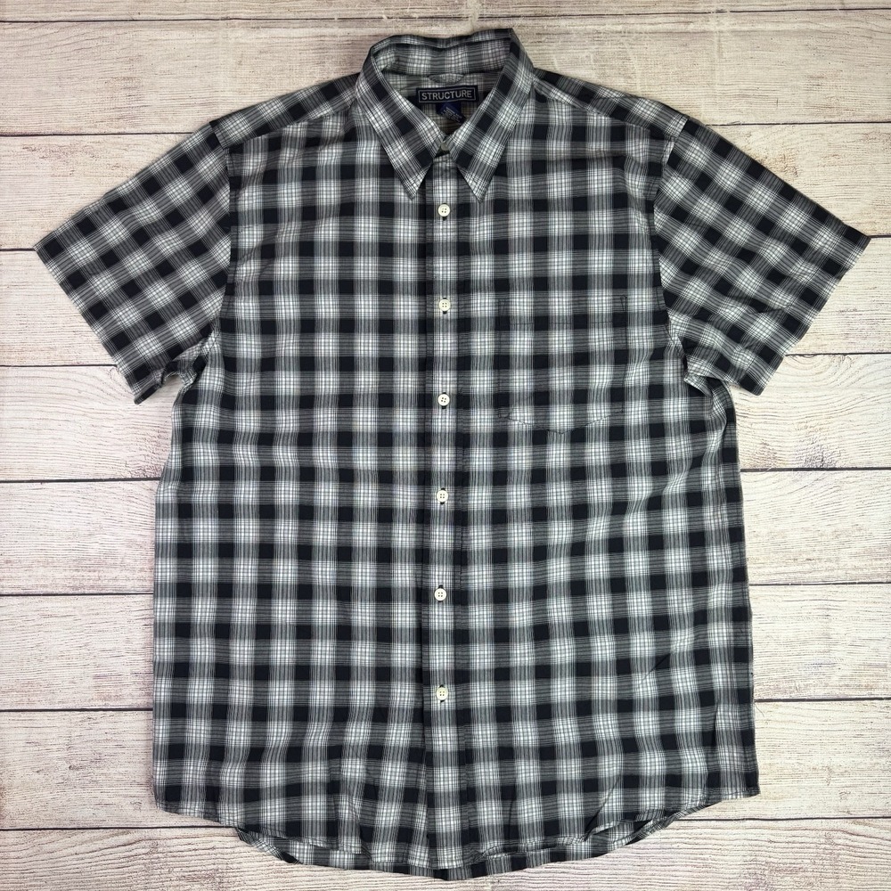 Vintage Structure Plaid Shirt Men's L Black White Cotton Made‎ in Hong Kong